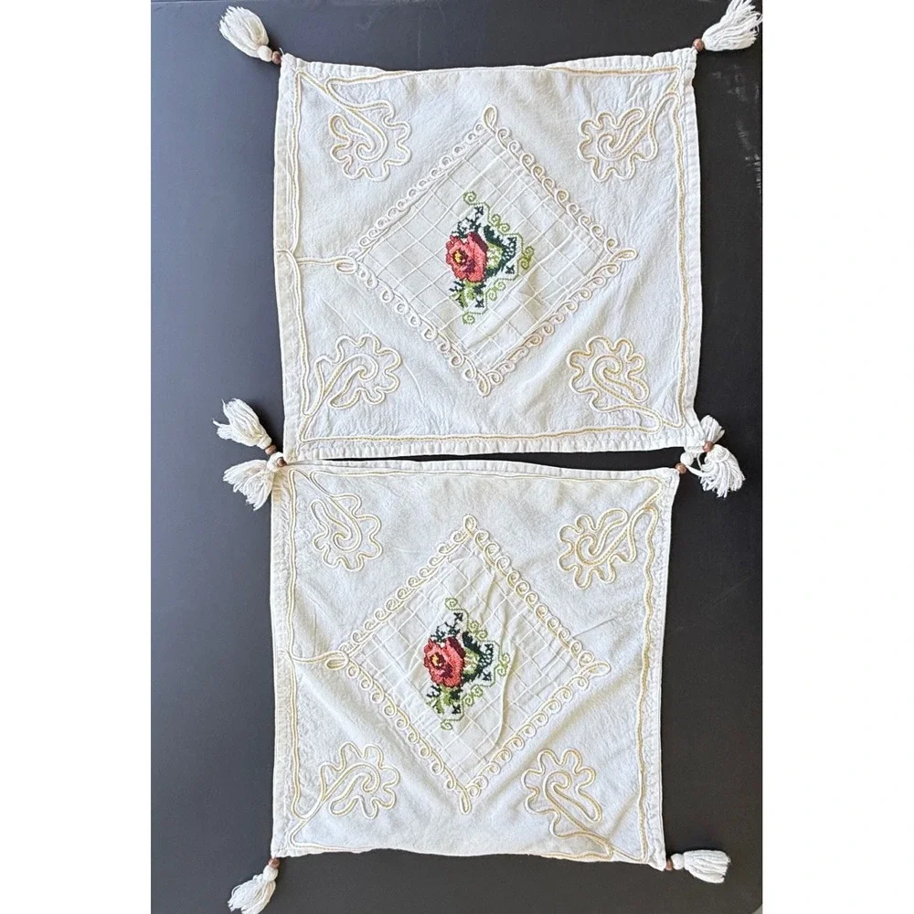 Vintage Embroidered Floral Tassel Pillow Covers Cream Cotton Set of 2 14x14